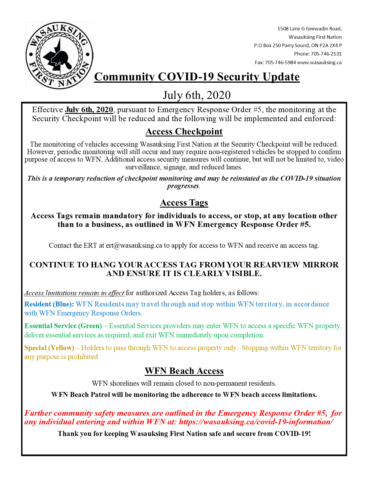 Community COVID 19 Security Update July 6 2020 Wasauksing First Nation