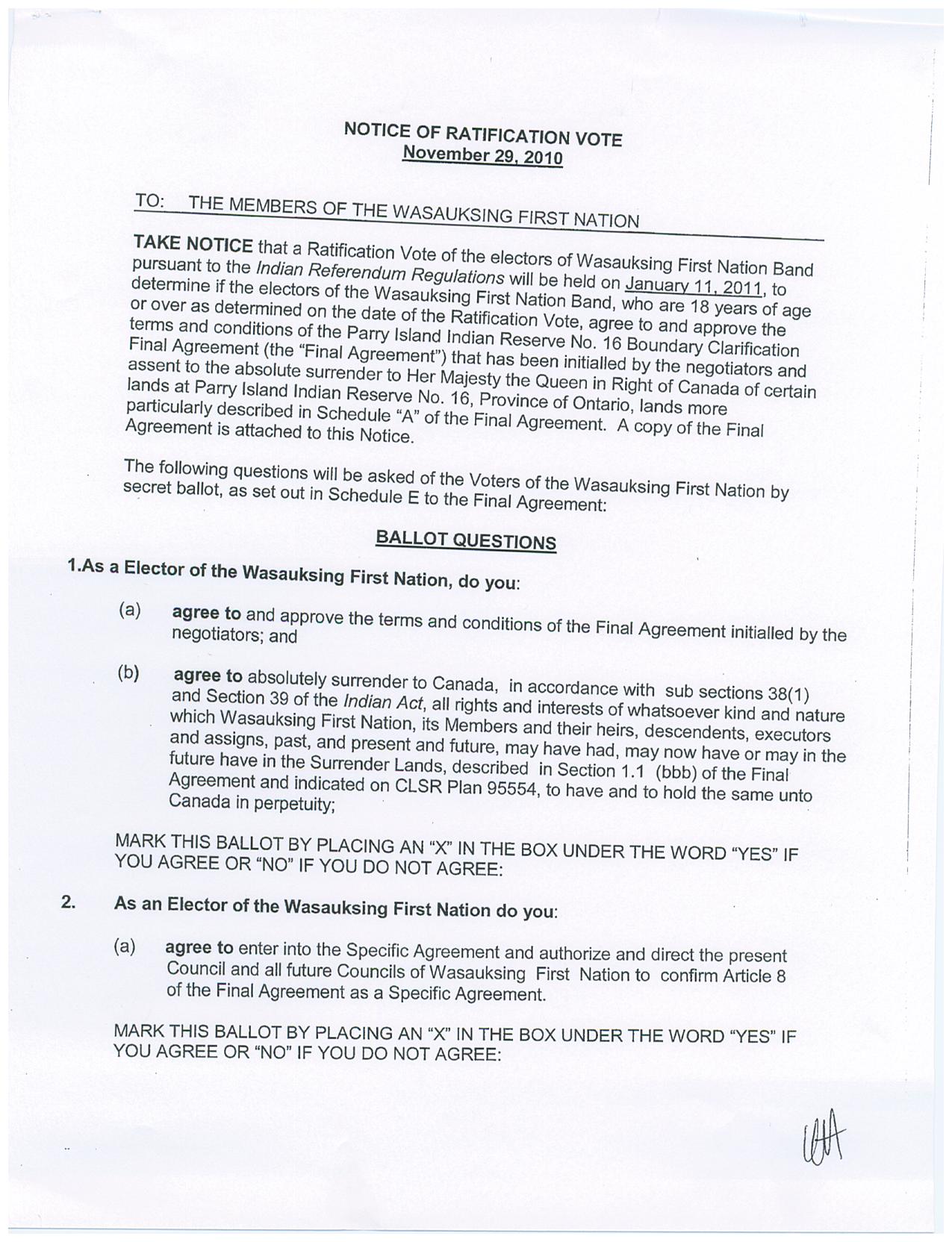 Boundary Ratification Notice 001 – Wasauksing First Nation