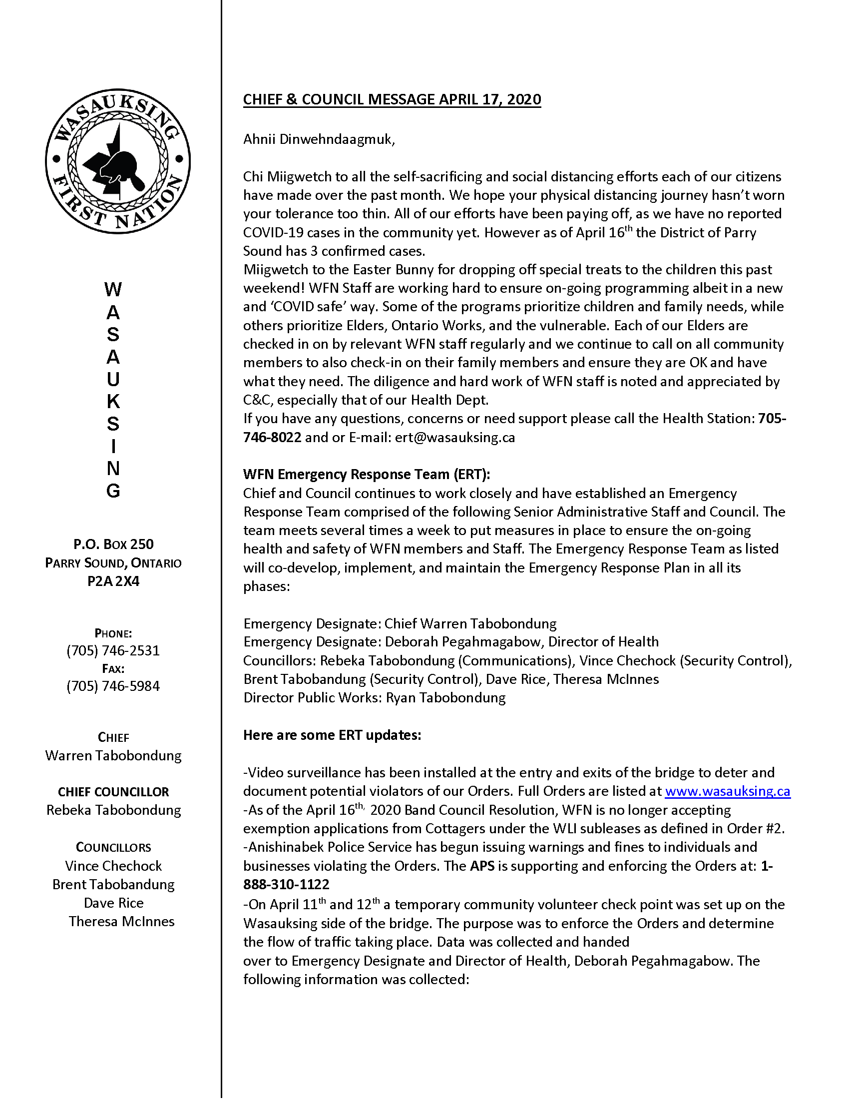 Chief And Council Community Update April 17th 2020 Wasauksing First Chief And Council Community Update April 17th 2020 Wasauksing First