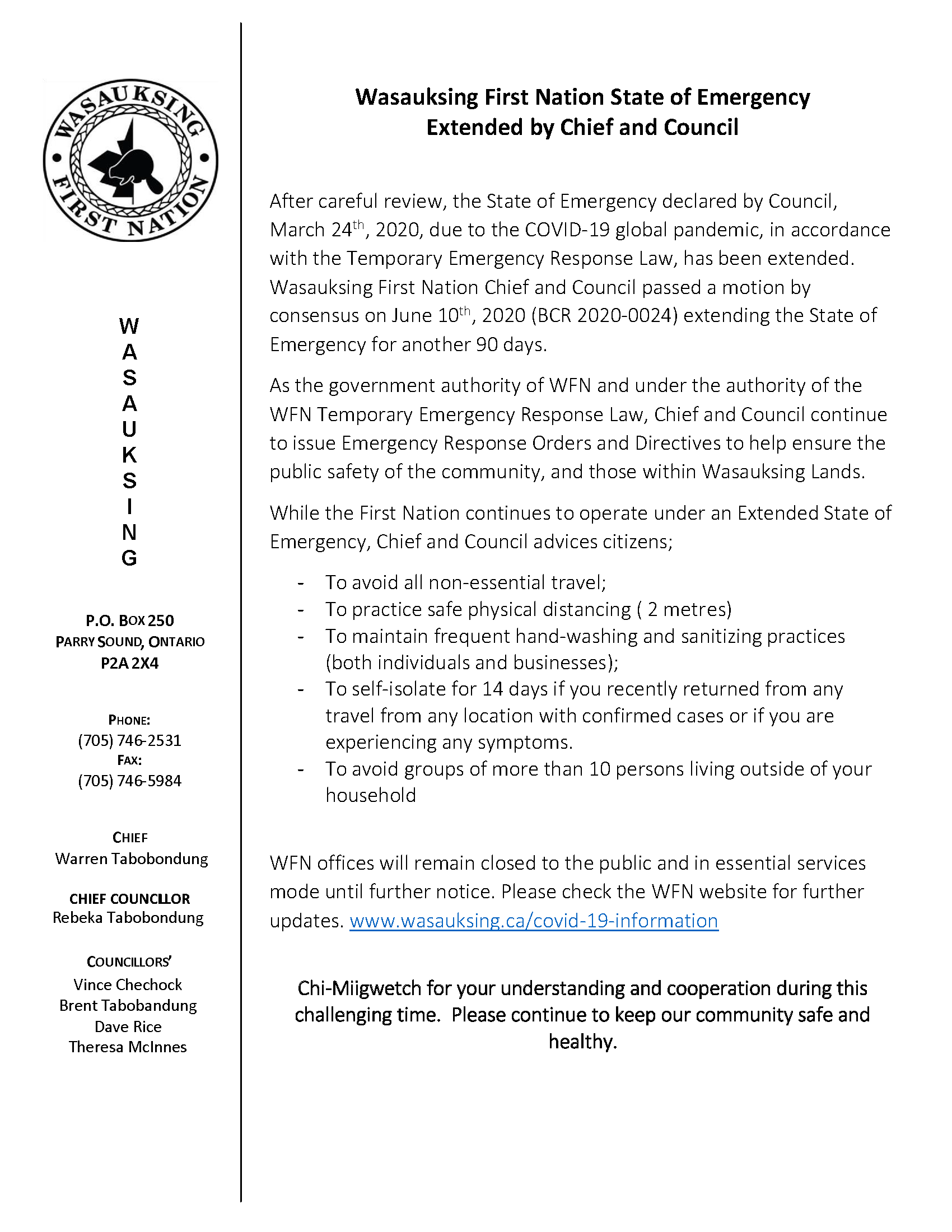 June 10th, 2020 WFN State of Emergency Extended – Wasauksing First Nation